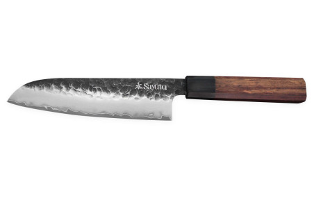 Couteau de cuisine Sayuto Séquoia San Mai Santoku lame martelée 18cm