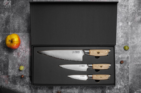 Coffret de couteaux Fukito Pakka San Mai 3 pièces - Chef + Office + Universel