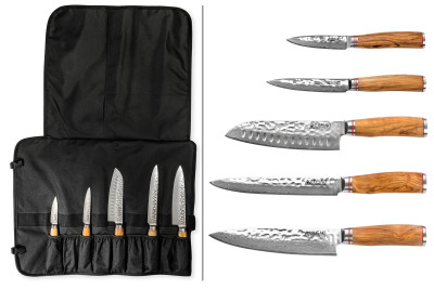 Mallette de couteaux de cuisine Wusaki Damas Olive 10CR - 5 pièces