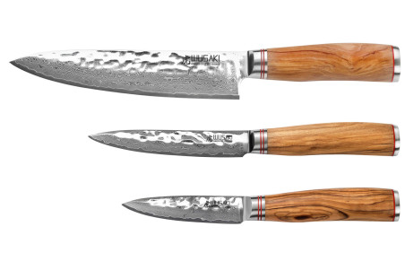 Coffret de couteaux Wusaki Damas Olive 10CR 3 pièces - Chef + Office + Universel