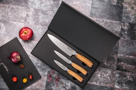 Coffret de couteaux Wusaki Damas Olive 10CR 3 pièces - Chef + Office + Universel