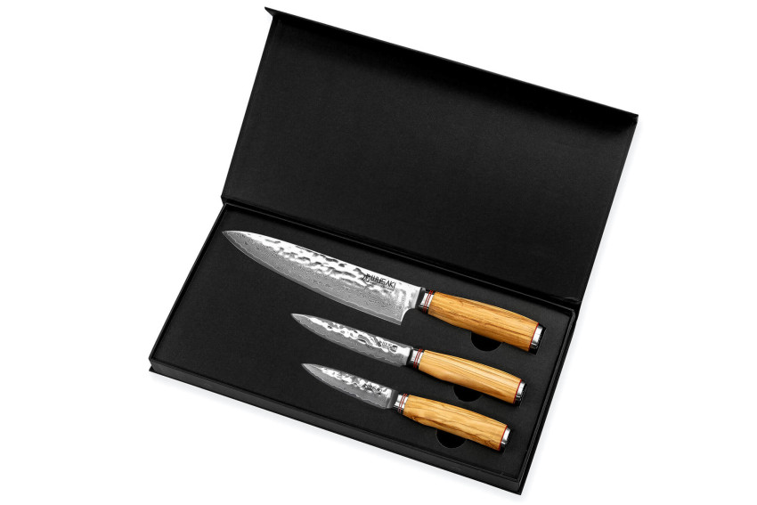 Coffret de couteaux Wusaki Damas Olive 10CR 3 pièces - Chef + Office + Universel