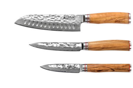 Coffret de couteaux Wusaki Damas Olive 10CR 3 pièces - Santoku + Office + Universel