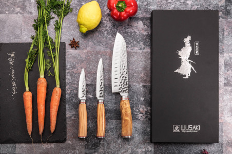 Coffret de couteaux Wusaki Damas Olive 10CR 3 pièces - Santoku + Office + Universel