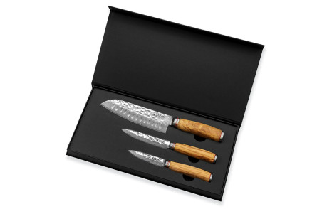 Coffret de couteaux Wusaki Damas Olive 10CR 3 pièces - Santoku + Office + Universel
