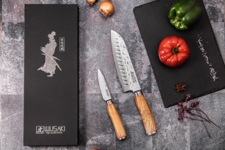 Coffret de couteaux Wusaki Damas Olive 10CR 2 pièces - Santoku + Office