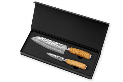 Coffret de couteaux Wusaki Damas Olive 10CR 2 pièces - Santoku + Office