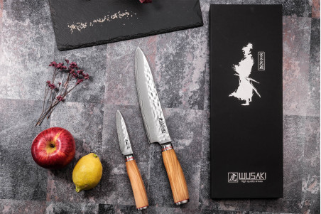 Coffret de couteaux Wusaki Damas Olive 10CR 2 pièces - Chef + Office