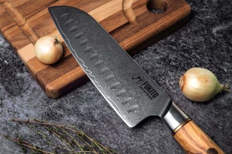 Couteau Fukito Olive Damas 14Cr 73 couches Santoku 18cm