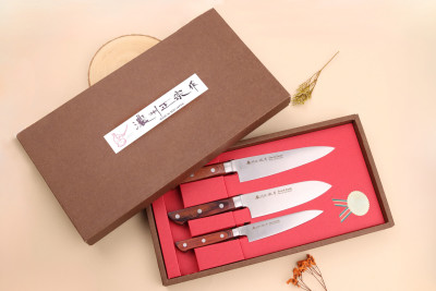Coffret de couteaux japonais Satake Cutlery Brown Pakka Chef + Santoku + Office 2
